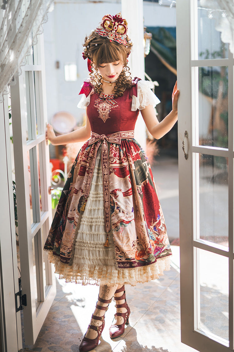 Red [kaleidoscope of Dreams] Flying Sleeves Print Embroidery Cardigan Bowknot Classic Lolita Dress