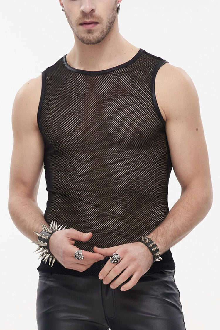 Black Gothic Elasticity Perspective Rhombus Net Yarn Sleeveles T-shirt