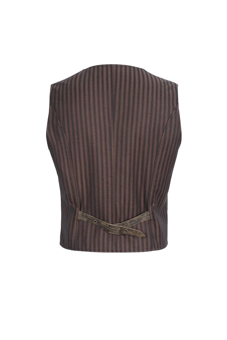 Brown Striped V Collar Stitching Slim Gothic Vest