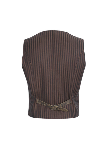 Brown Striped V Collar Stitching Slim Gothic Vest