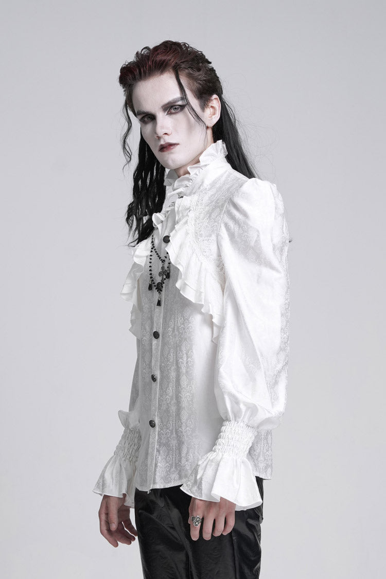 White Stand Collar Long Sleeves Ruffle Lace Cross Gothic Blouse