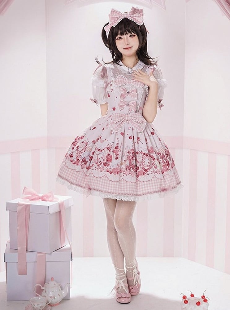 [pre-order Deadline: May 5] Pink Cherry Print Lace Ribbon Bunny Ear Apron Jsk Dress + Accessories
