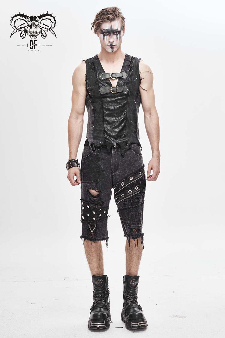 Black V-neck Sleeveless Ripped Buckle Straps Gothic Vest