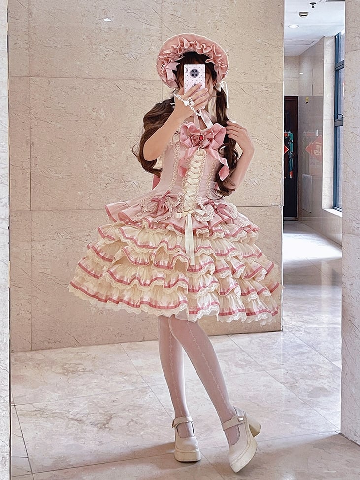 [pre-order Deadline: April 30] Sweet Pink Lolita Lace Ribbon Tiered Ruffle Princess Dress