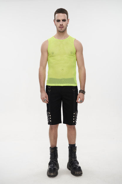 Yellow Elasticity Perspective Rhombus Net Yarn Sleeveless Gothic T-shirt