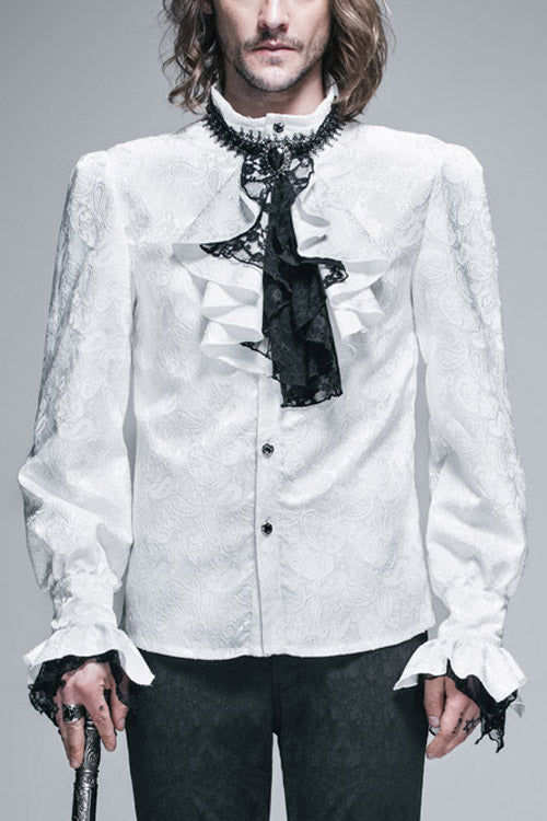 White Shining Rose Print Lace Cuff Gothic Blouse