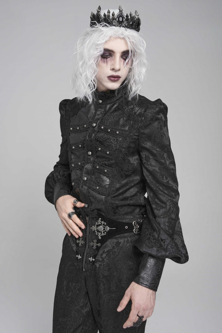 Black Stand Collar Long Lantern Sleeves Print Embroidery Gothic Blouse