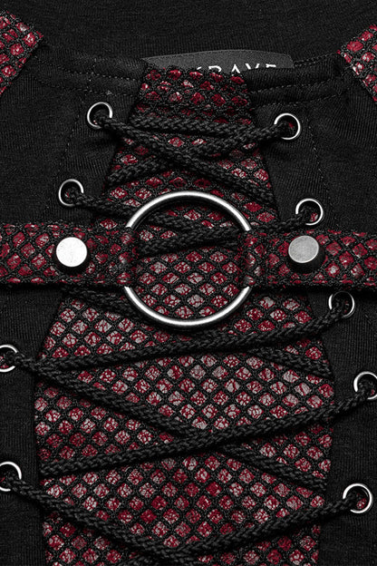 Black/red Long Sleeves Stitching Lace-up Ripped Punk Blouse