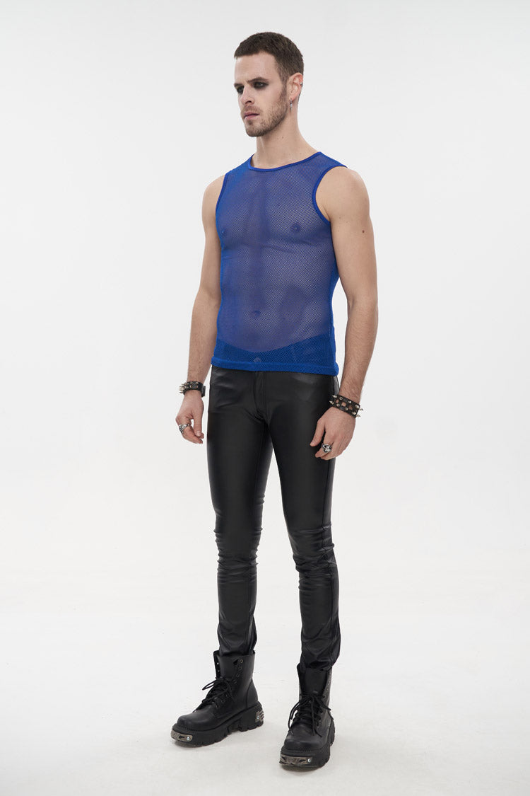 Blue Elasticity Perspective Rhombus Net Yarn Sleeveless Gothic T-shirt
