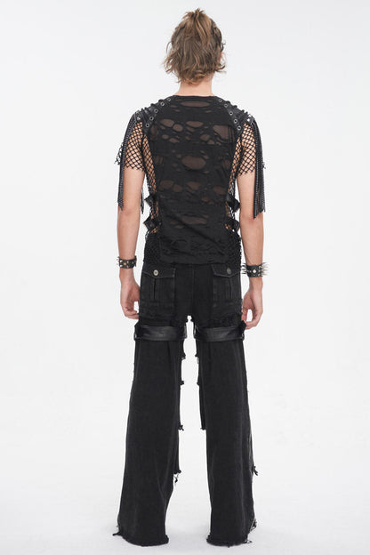 Black Round Collar Mesh Stitching Punk T-shirt