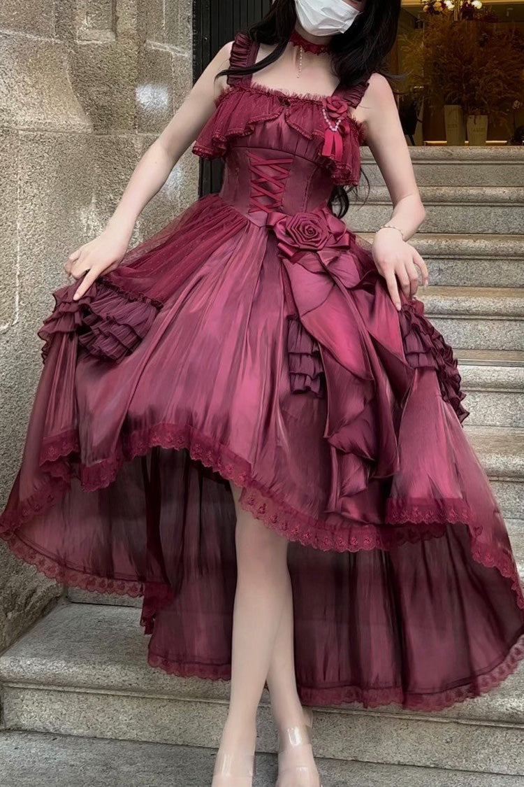 Red Square Collar Sleeveless Ruffled Bow Lace-up Classic Princess Lolita Jsk Dress