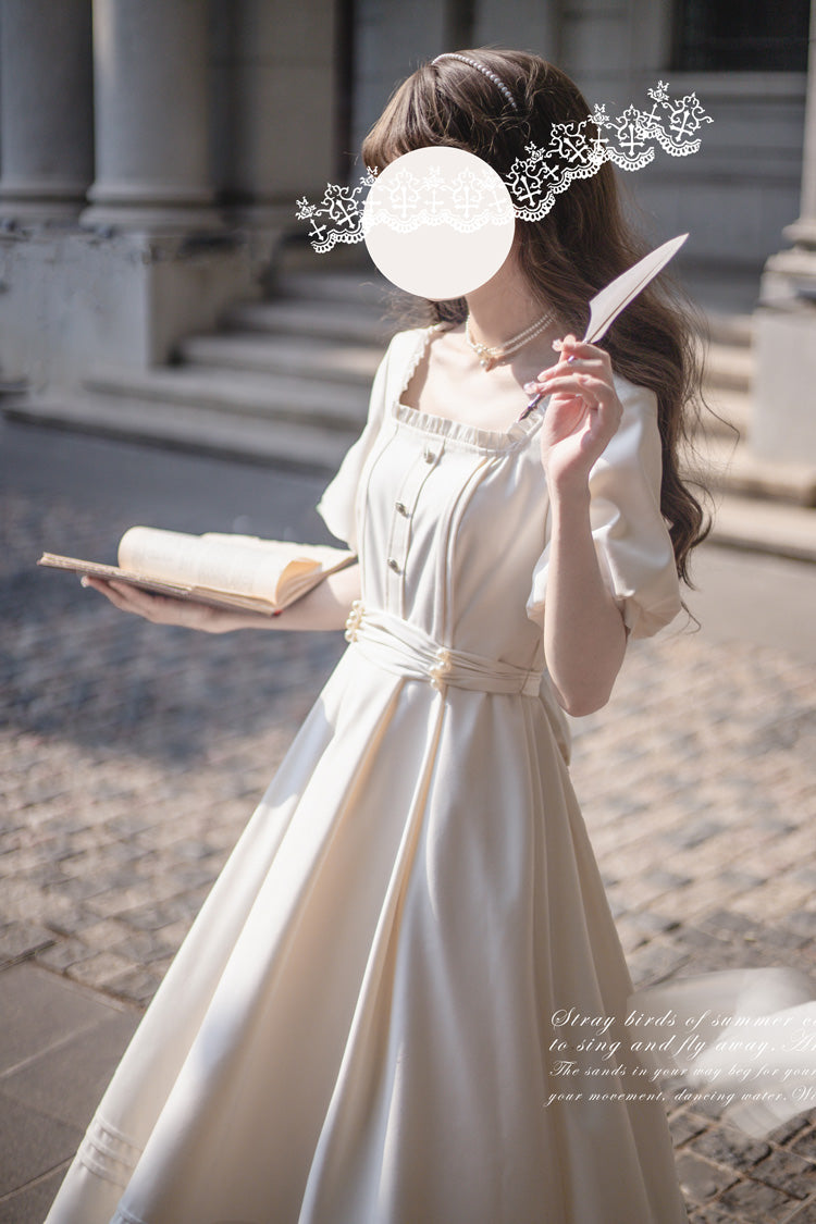 Apricot [random Thoughts] Square Collar Short Sleeves Ruffle Classic Lolita Dress