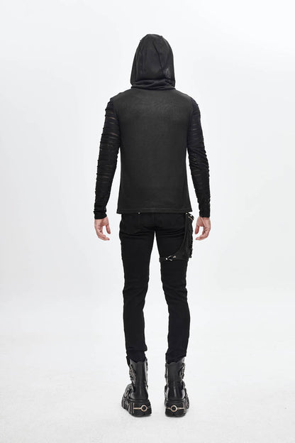 Black Collar Metal Button Irregular Striped Patchwork Bandage Hooded Punk T-shirt
