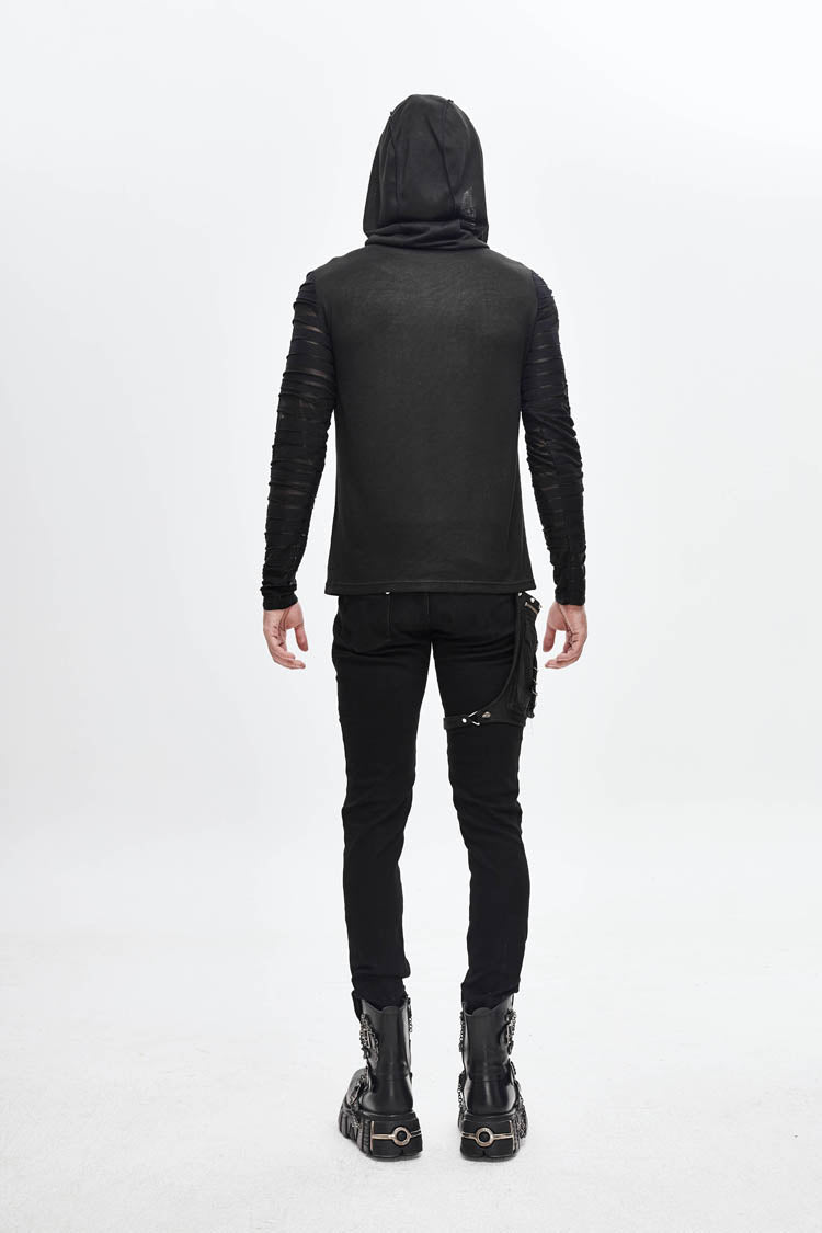Black Collar Metal Button Irregular Striped Patchwork Bandage Hooded Punk T-shirt