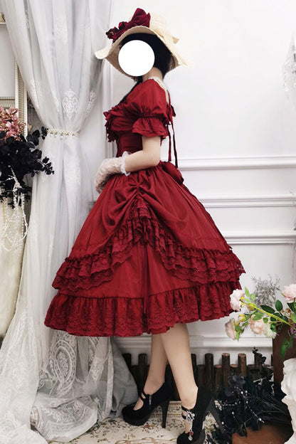 Red Short Puff Sleeves Multi-layered Ruffle Bowknot Classic Lolita Dress