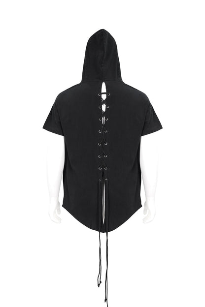 Black Hooded Mesh Splice Zipper Back Openwork Lace-up Short Sleeve Punk T-shirt