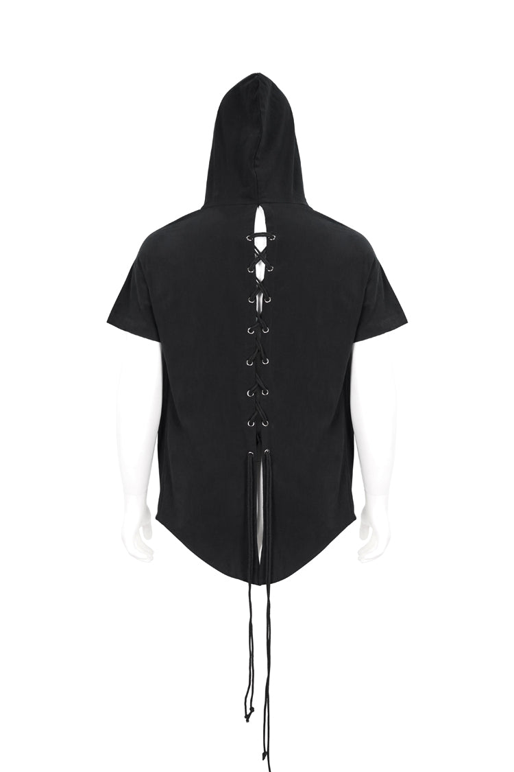 Black Hooded Mesh Splice Zipper Back Openwork Lace-up Short Sleeve Punk T-shirt