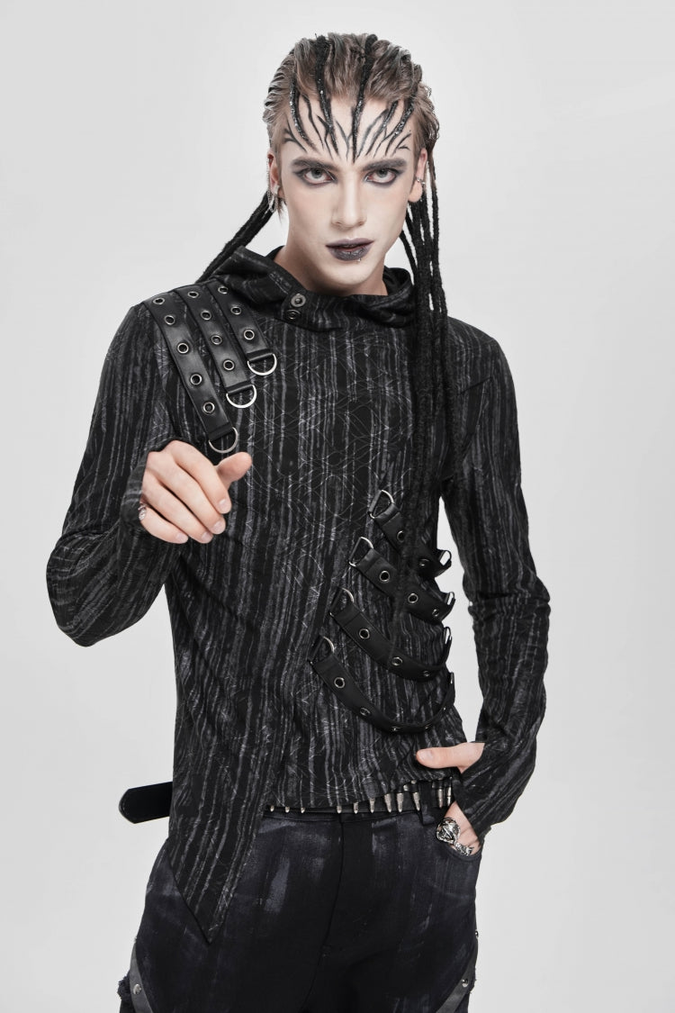 Black Long Sleeves Irregular Hooded Straps Eyelet Punk Blouse