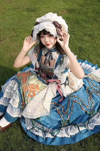 Blue [lake Monet] Sleeveless High Waisted Print Ruffle Cardigan Bowknot Lace-up Classic Princess Lolita Jsk Dress
