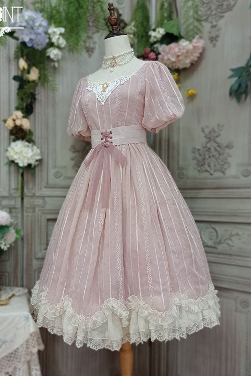 Pink Square Collar Short Sleeves Multi-layer Ruffled Classic Lolita Op Dress
