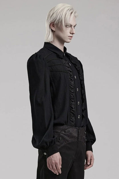 Black Hand-stitched Button Pleated Long Puff Sleeves Ruffle Gothic Blouse