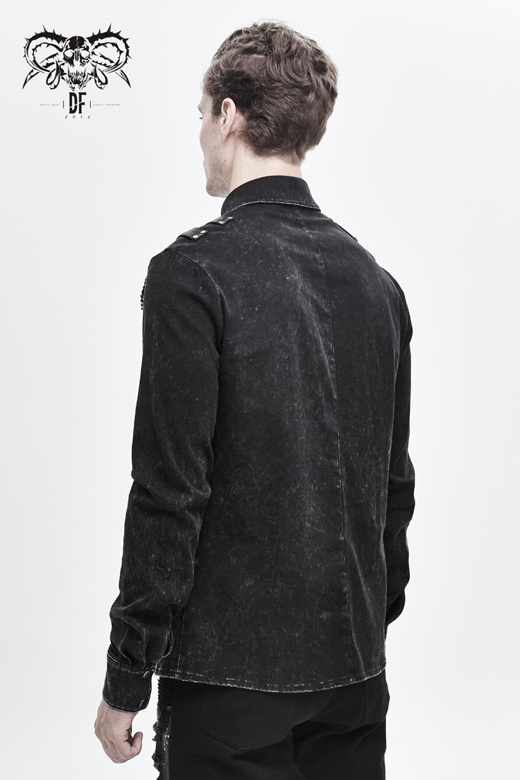 Black Asymmetric Left Shoulder Loop Mesh Rivet Snap Button Punk Shirt