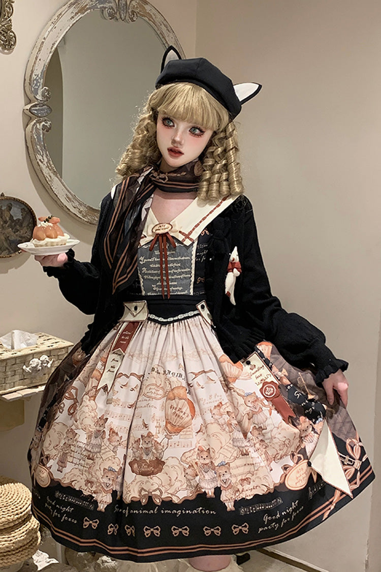 Black [fox Band] Print Square Collar Bowknot Classic Lolita Jumper Dress