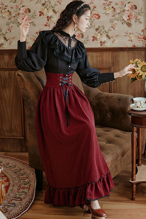 Wine Palace Style Ruffled Stripe Print High Waisted Classic Lolita Dress Skirt