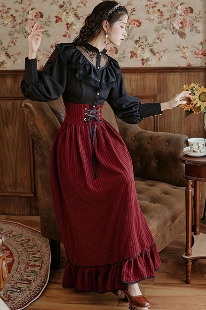 Wine Palace Style Ruffled Stripe Print High Waisted Classic Lolita Dress Skirt