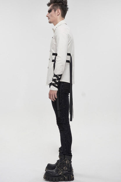 White Punk Nylon Strap Metal Buckle Decoration Long Sleeve Elasticity Thick Shirt