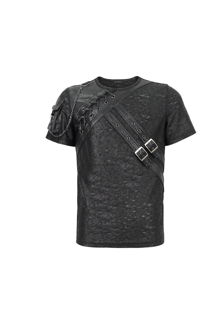 Black Print Buckle Splice Faux Leather Punk T-shirt