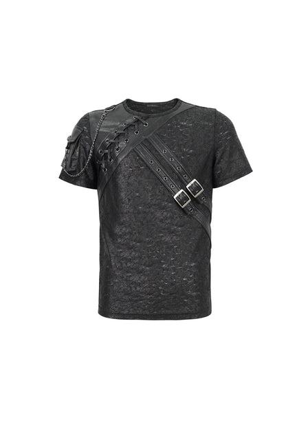 Black Print Buckle Splice Faux Leather Punk T-shirt