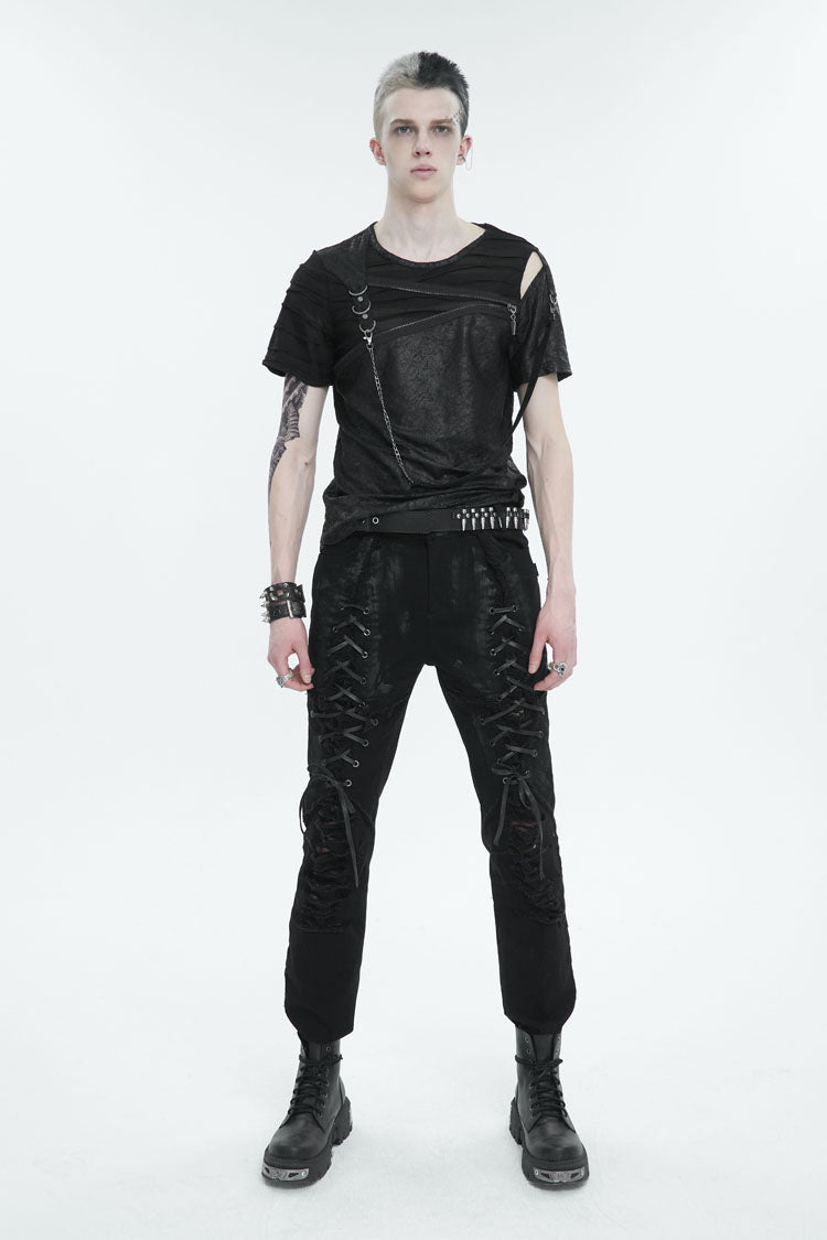 Black Left Off Shoulder Chest Zipper Embellished Punk Short Sleeve