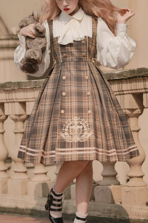 Brown Royal Detective Stripe Print Long Sleeves Classic Lolita Op Dress