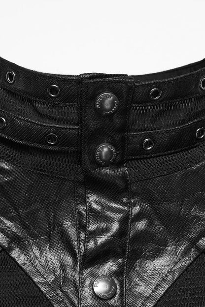 Black Stand Collar Long Sleeves Rivet Buckle Straps Eyelet Punk Blouse