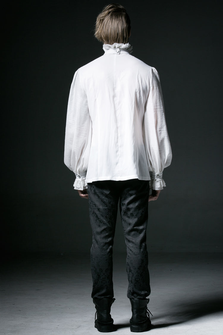 White Stand Collar Retro Button Long Lantern Sleeves Gothic Blouse