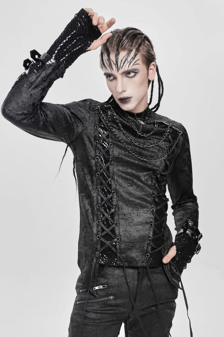 Black Stitching Lace-up Mesh Chain Punk Blouse