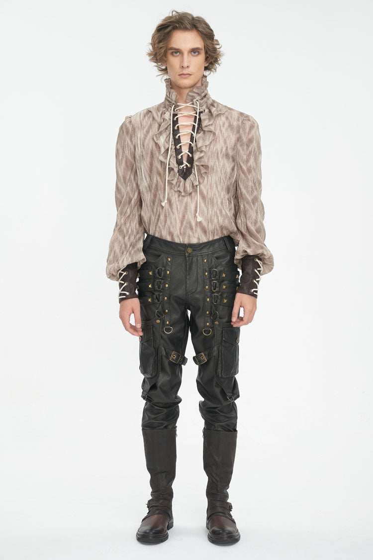 Brown Ruffle Stand Collar Print Lace-up Gothic Blouse