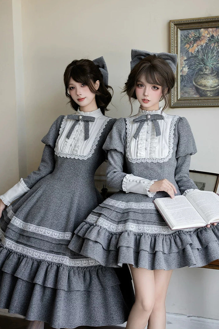 Grey [letters and Poems · Old Memories] Stand Collar Long Sleeves Double-layered Ruffled Bow Classic Lolita Dress 2 Versions