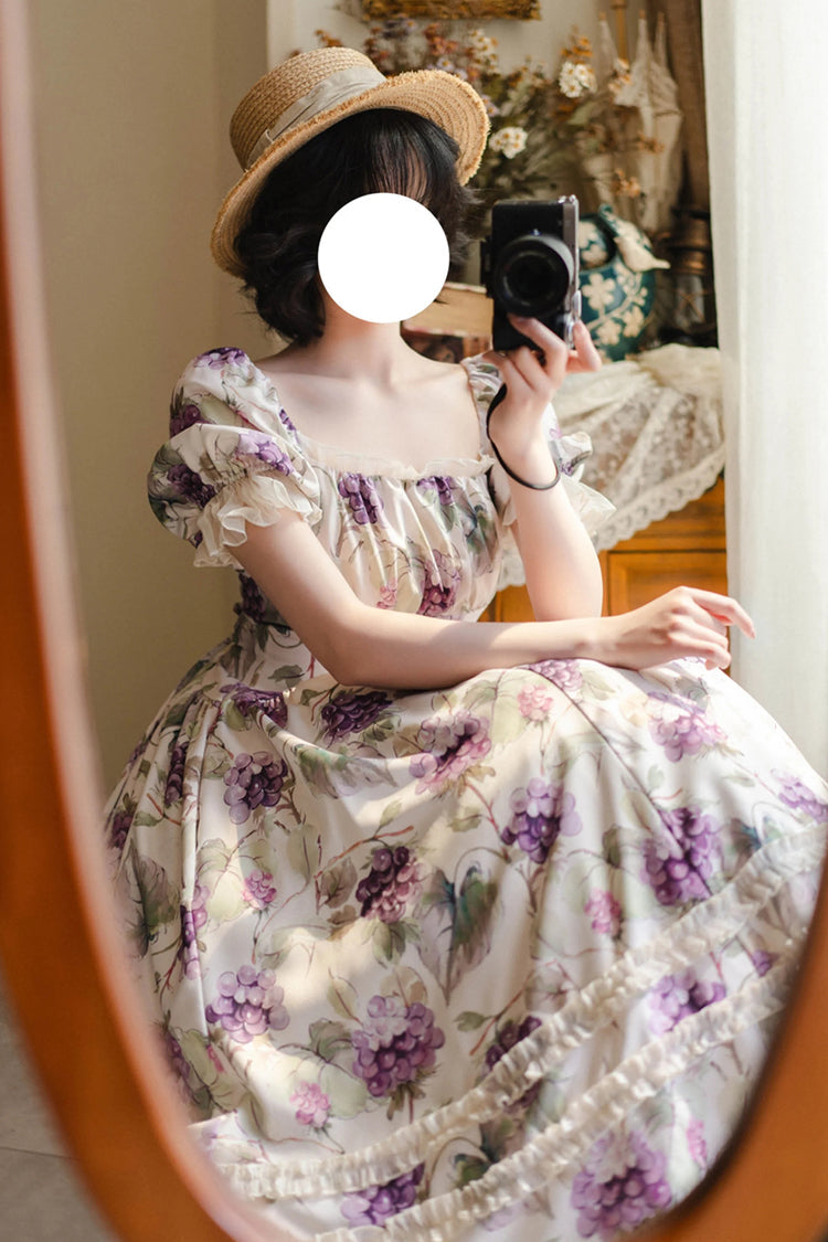 White [basket of the Forest] Square Collar Short Sleeves Little Grape Printed Ruffled Classic Lolita Dress