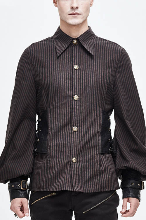 Brown Striped Waist Cuff Leather Punk Blouse