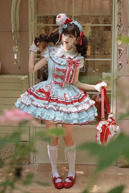 [pre-order Deadline: April 3] Twin Tiered Lolita Dot Ribbon Striped Dress + Flower Bud Skirt Dress