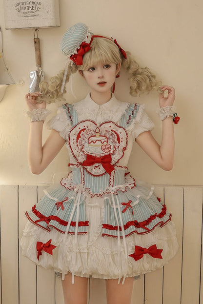 [pre-order Deadline: April 3] Twin Tiered Lolita Dot Ribbon Striped Dress + Flower Bud Skirt Dress
