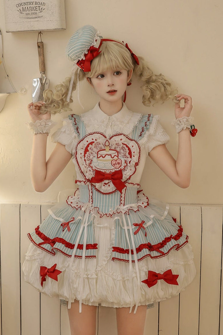 [pre-order Deadline: April 3] Twin Tiered Lolita Dot Ribbon Striped Dress + Flower Bud Skirt Dress