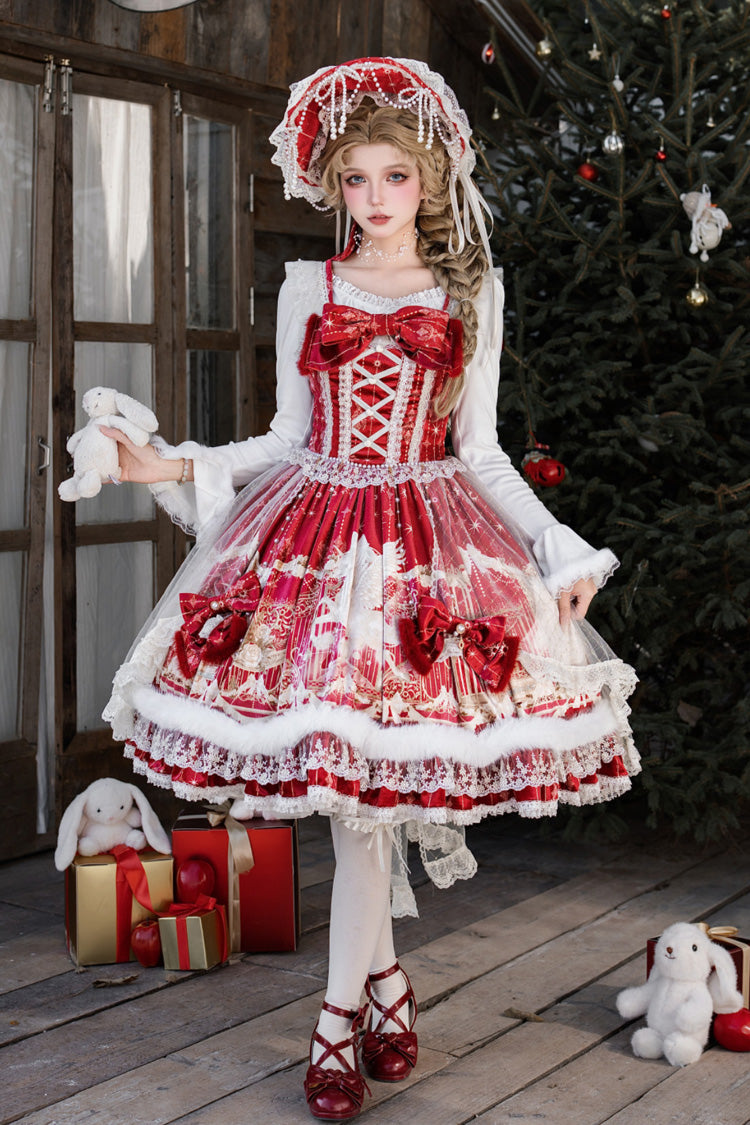 Red [happy New Year] Printed Ruffled Bow Lace Classic Chinese Style Lolita Jsk Dress