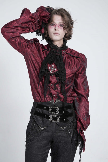 Red Long Puff Sleeves Gothic Blouse With Lace Necktie