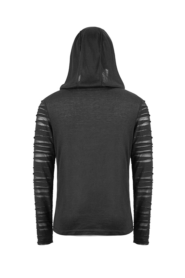 Black Collar Metal Button Irregular Striped Patchwork Bandage Hooded Punk T-shirt