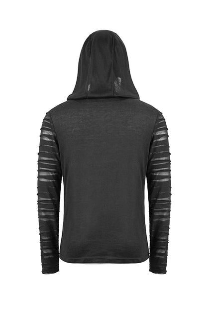 Black Collar Metal Button Irregular Striped Patchwork Bandage Hooded Punk T-shirt