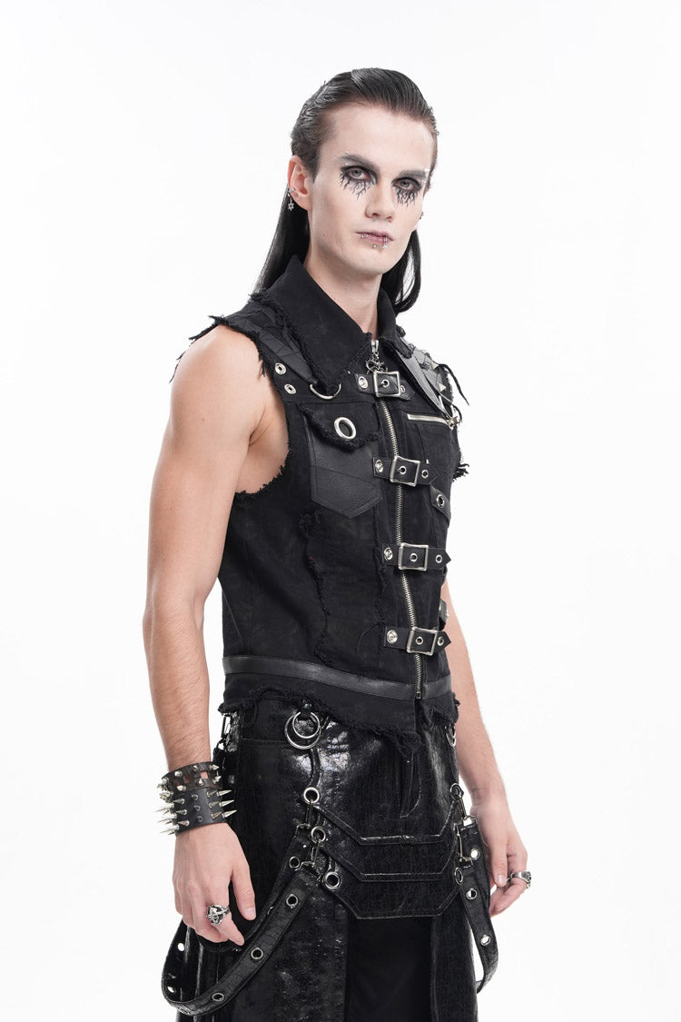 Black Lapel Collar Sleeveless Ripped Buckle Eyelets Gothic Vest