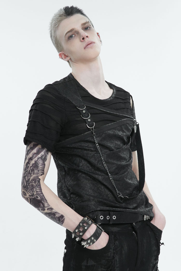 Black Left Off Shoulder Chest Zipper Embellished Punk Short Sleeve